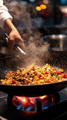 A chef expertly stir-fries vibrant vegetables in a blazing wok, showcasing the culinary skills and art of cooking in a professional kitchen.