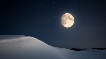 Serene winter night with a bright full moon illuminating the snowy landscape under a starlit sky, a peaceful contrast of warm and cold tones. Tranquil nature scene.
