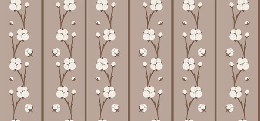 Cotton branch vertical stripe seamless pattern on warm beige background