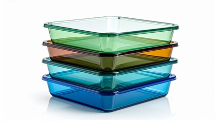 A stack of five square-shaped glass baking dishes in translucent light blue, teal, yellow, pink, and dark blue, nested neatly on a neutral surface.