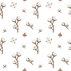 Seamless cotton pattern with soft cotton flowers, buds and botanical branches on light background