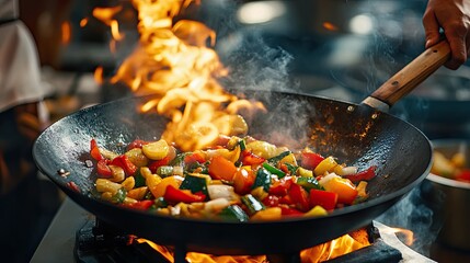 A chef expertly stir-fries vibrant vegetables in a blazing wok, showcasing the culinary skills and art of cooking in a professional kitchen.