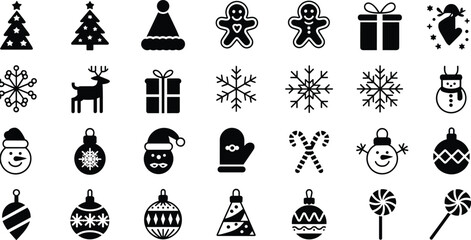 Cartoon Christmas icon set with festive trees, snowmen, gifts, ornaments, and candy for holiday, seasonal, and decorative themes.