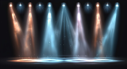Concert stage with multiple colorful spotlights casting vibrant light on empty platform