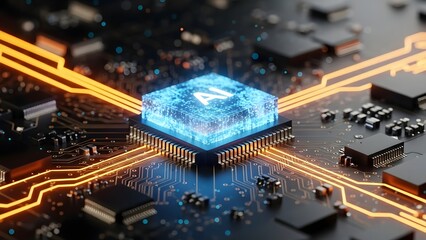 Brightly lit AI processor at the heart of a futuristic circuit board, symbolizing advanced artificial intelligence, machine learning, and the cutting-edge of computing technology
