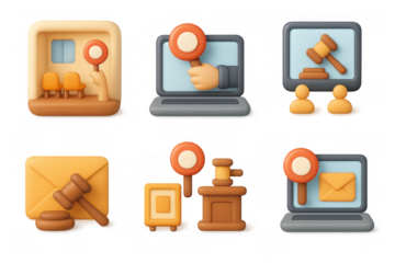Auction icon set for online bidding and marketplace with gavel and search elements