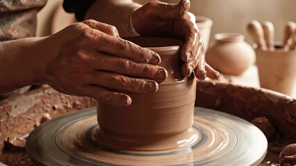 Hands shaping pottery clay on a spinning wheel in a traditional crafting workshop for art and creativity