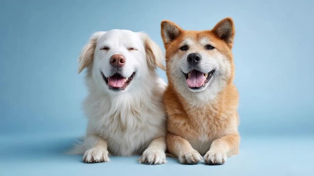 Adorable portrait of a white mixed breed and a brown shiba inu dog sitting side by side, panting and smiling happily at the camera against a seamless pastel blue studio background