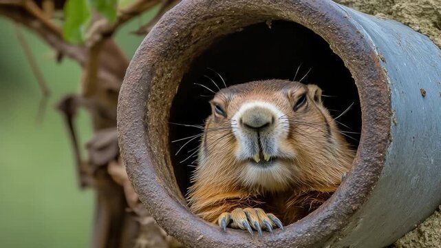 Video A groundhog appears at the entrance of its underground burrow, situated in a tree trunk