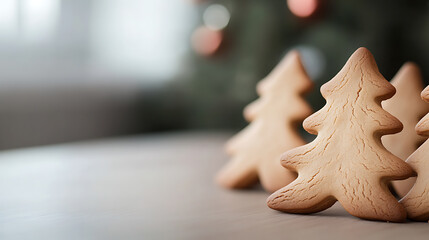 Festive tree-shaped cookies on a wooden surface, with blurred festive lights in the background, embodying the holiday spirit and culinary creativity.