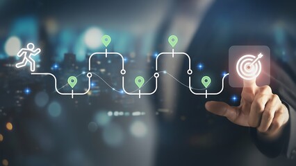 Strategic Path to Success: A business professional's touch ignites a visualization of a strategic path towards achieving a marked goal, highlighting business development and future plans.