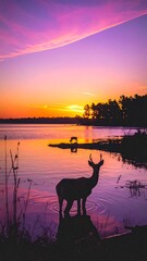 A deer stands in a lake at sunset, silhouette against vibrant sky. Reflection creates symmetry. Trees border water, horizon glows