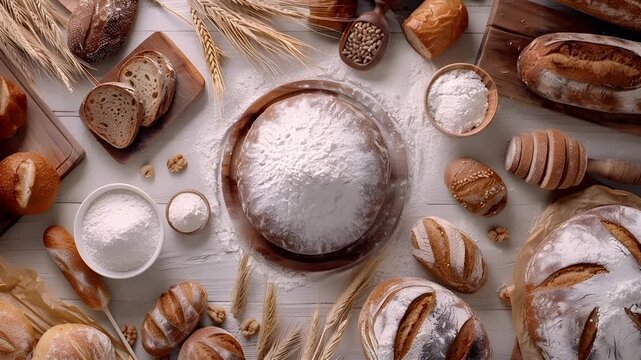A topdown view of a rustic wooden table showcasing various breads and grains. The main subject is a round loaf of bread with a dusting of flour on its surface.