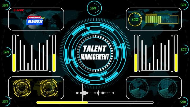 A structured HUD animation portraying talent management workflows with capability progression indicators, skill-distribution mapping, and coordinated performance development signals