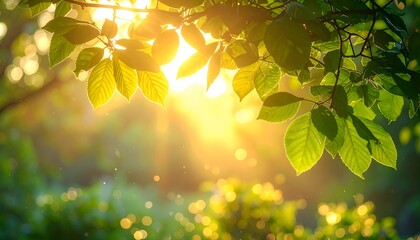 Sunlight streams through vibrant green leaves, creating a warm, glowing, natural scene