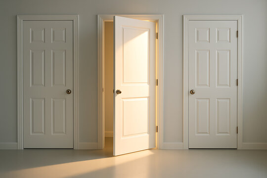 Symbolic open door glowing with light shining from unknown opportunity space