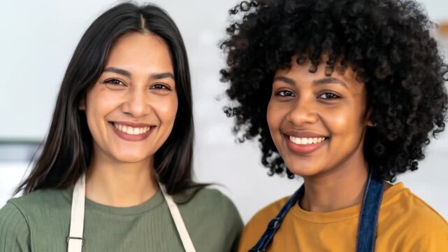 Two smiling women wearing aprons in a bright setting.