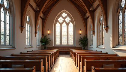 Fototapeta premium Interior of a charming chapel with wooden pews and Gothic windows, serene atmosphere, natural light 