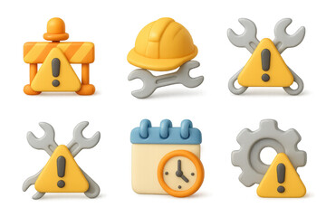Maintenance and repair icon set featuring schematic tools and warning signs for design and graphics