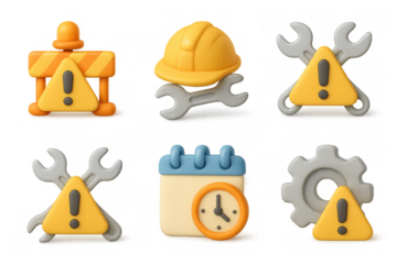 Maintenance and repair icon set featuring schematic tools and warning signs for design and graphics