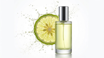 Fresh Citrus Perfume Bottle with Lime Splash on White Background