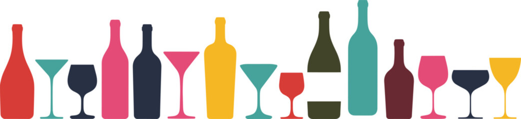 Colorful bottle and glass silhouette set with varied shapes and vibrant tones for beverage, hospitality, and celebration themes.