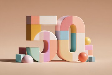 Colorful Modern Sculpture of Number 50 in Pastel Shades and Shapes