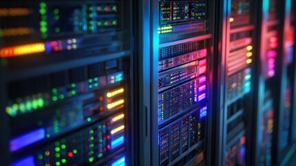 Fototapeta premium A vibrant array of illuminated server racks, showcasing advanced technology and data storage capabilities in a modern data center.