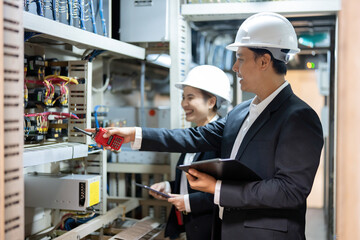 A team of male and female engineers perform technical assessments within power plants, supporting efficient energy production and reliable industrial workflows with circuit board electronics.