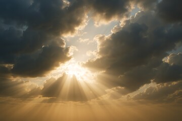 Golden sunlight rays piercing through dramatic dark clouds in sky, creating spiritual abstract atmosphere of hope and clarity in the mind. Ai generative