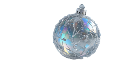 Fragile iridescent cracked glass christmas ornament with water droplets on a stark for holiday design