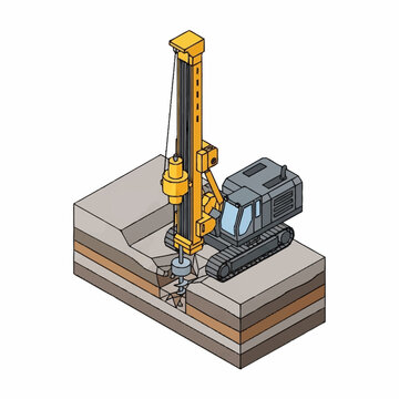 Isometric illustration of a drilling rig performing geotechnical investigation on layered soil.