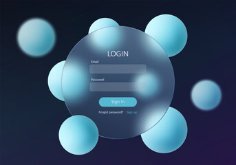 Modern glass login screen with large circular frosted panel and soft glowing cyan spheres on a dark background.