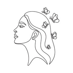 Elegant line art of a woman s profile with butterflies