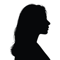 A striking side view silhouette of a woman with long hair against a white background