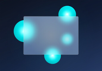 Frosted glass rectangle with turquoise glowing spheres on a dark smooth background, modern minimal composition.