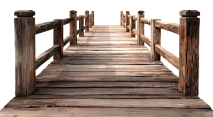 Rustic wooden footbridge with textured planks and sunlight creating shadows on a transparent background