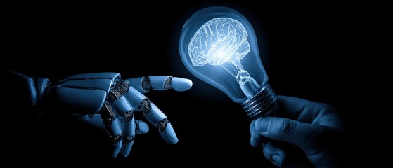 A robotic hand reaches toward a glowing brain inside a lightbulb, symbolizing the fusion of technology and intelligence.