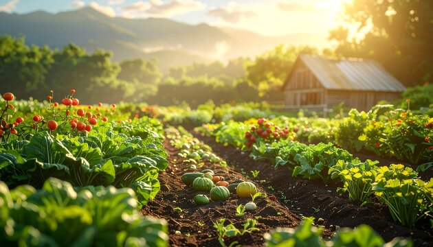 Bright sunlight shines over a lush garden, mountains in the background, with a small shed to the right