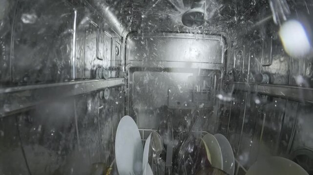 Inside view of a running dishwasher with water spraying over dishes and utensils, creating a dynamic underwater-like perspective from a camera mounted inside the machine