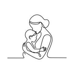 Mother and child embrace in continuous line art