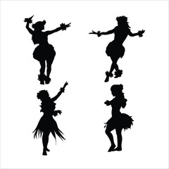 Set of four graceful female hula dancers silhouettes performing