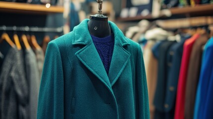 Teal winter coat on mannequin in boutique