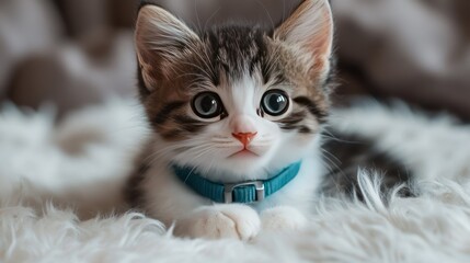 Teal colored pet cat collar on fluffy kitten