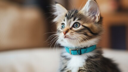 Teal colored pet cat collar on fluffy kitten