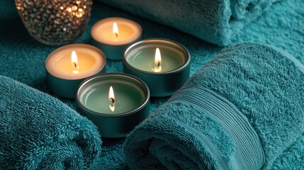 Teal themed spa flat lay with candles and towels
