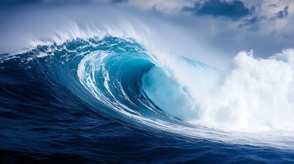 Powerful ocean wave breaking in deep blue water high resolution image