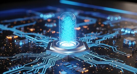 Futuristic data processing concept showcasing a glowing particle structure on a circuit board demonstrating connectivity