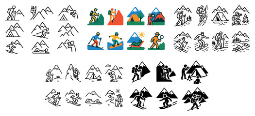Outdoor adventure icons: hiking, skiing, camping