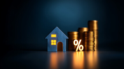 A metaphor for financial growth, featuring a house, increasing coin stacks, and a glowing percentage sign, suggesting investment and property value appreciation.